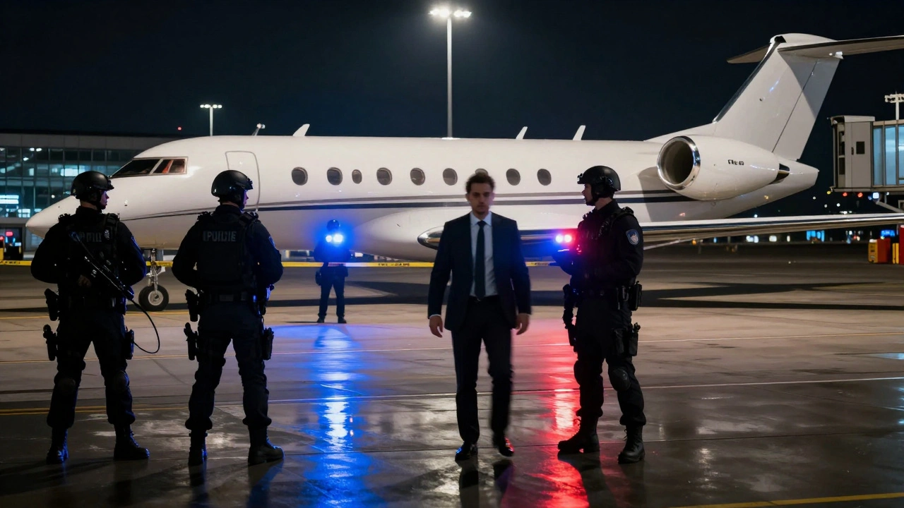 Cinematic scene of police escorting a tech executive at an airport at night, symbolizing legal accountability.