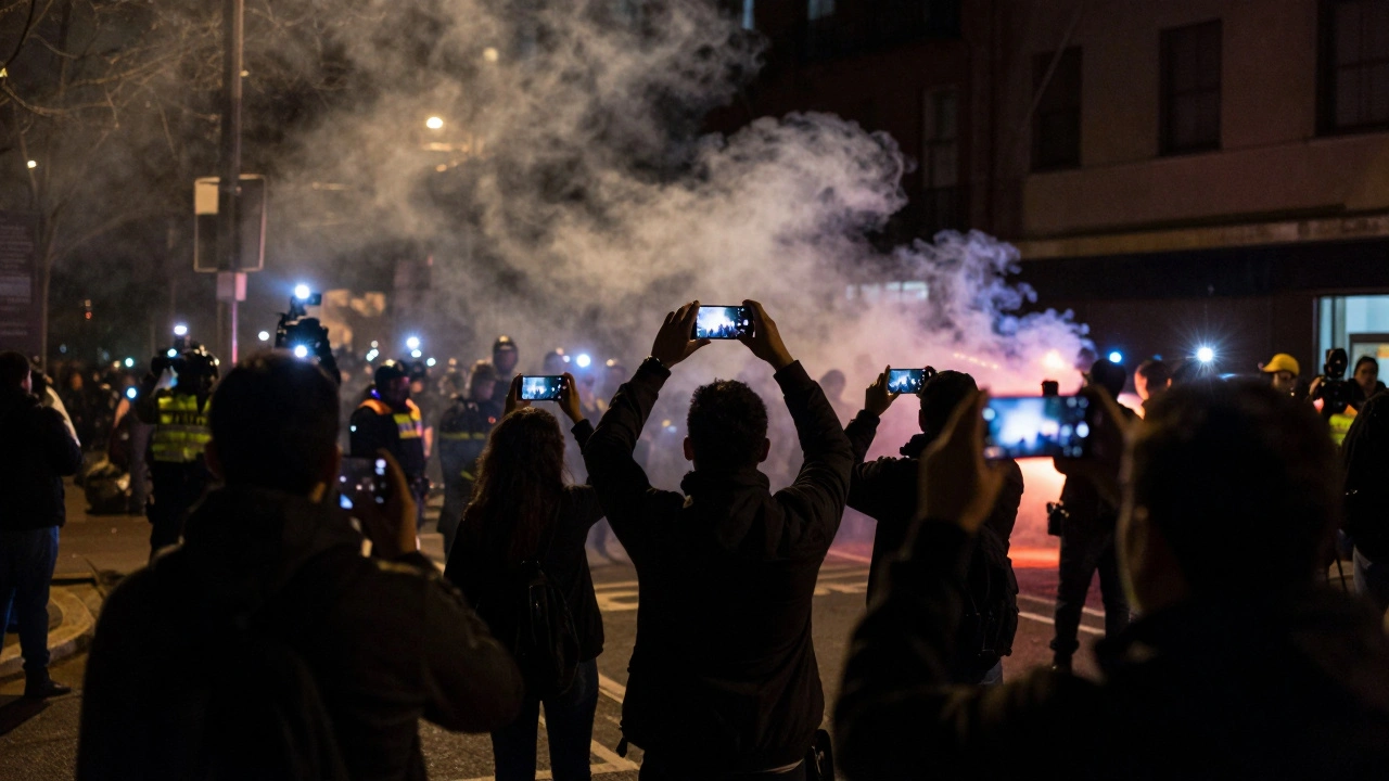 Citizens filming protests at night with smartphones amidst smoke and chaos.