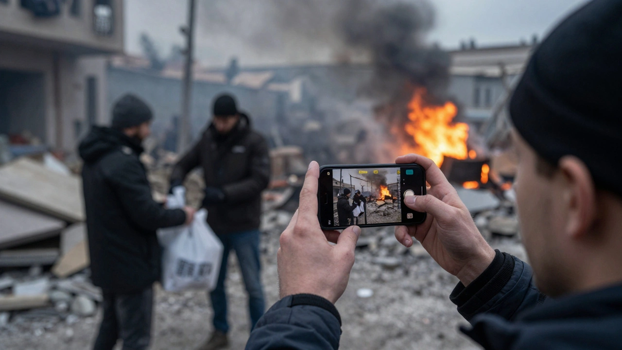 Civilian using smartphone for real-time reporting amidst conflict zone rubble