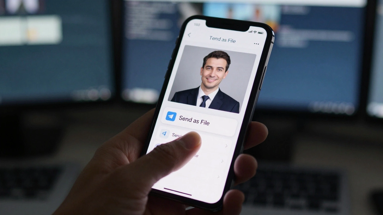 Close up of hand selecting send as file option on Telegram app
