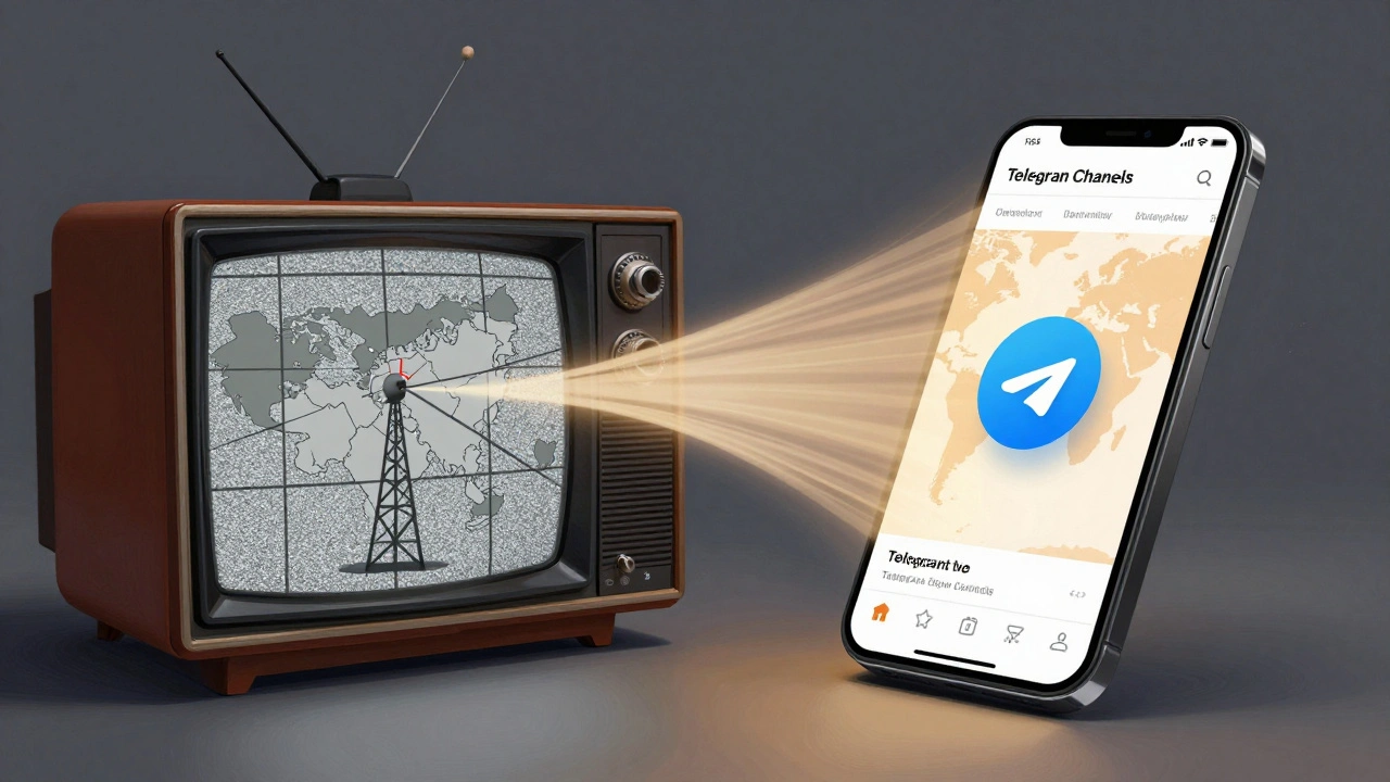 Comparison of traditional TV broadcasting vs global Telegram news channels.