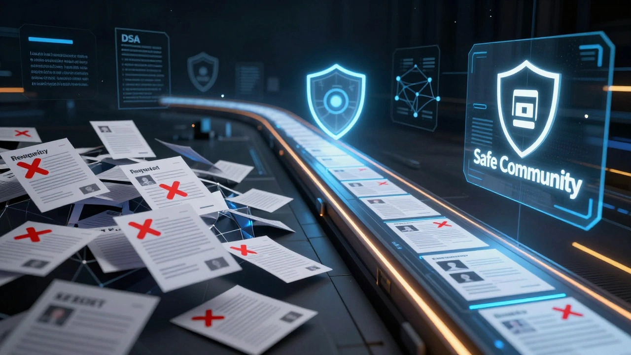 Concept art contrasting rejected messy reports with streamlined, effective abuse reporting pipelines.