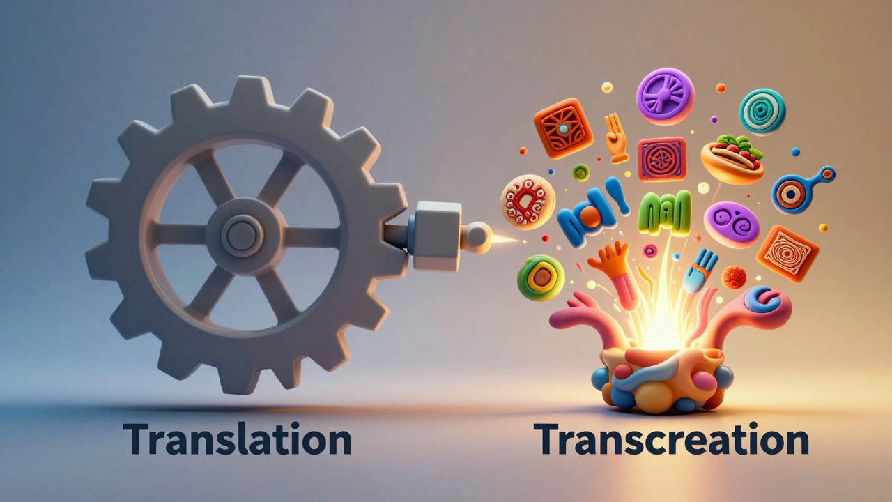 Conceptual art contrasting rigid translation with creative cultural transcreation