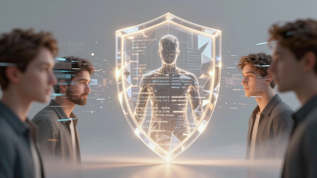 Conceptual art of a cryptographic shield protecting identity from AI face-swaps.