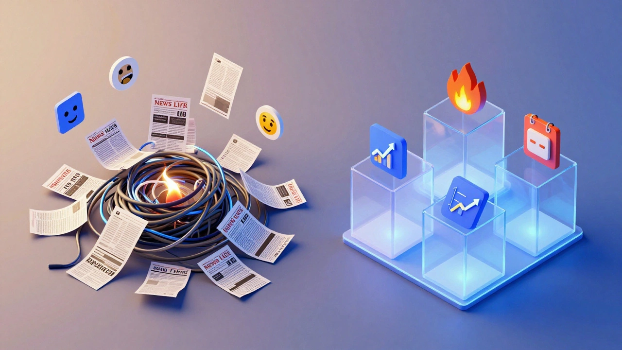 Conceptual art sorting chaotic news items into neat, labeled digital containers.