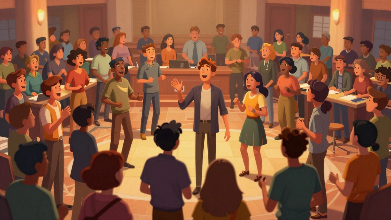 Crowded town hall with people debating and interacting