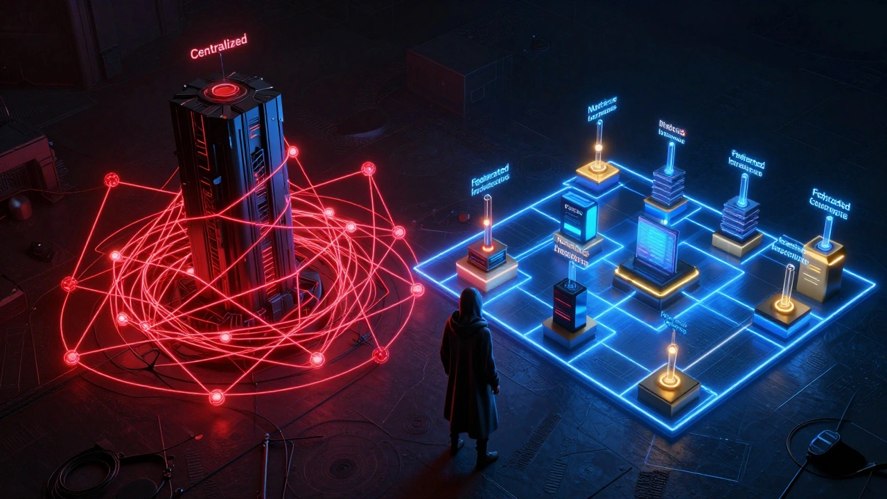 Cyberpunk comparison of chaotic centralized vs secure federated networks
