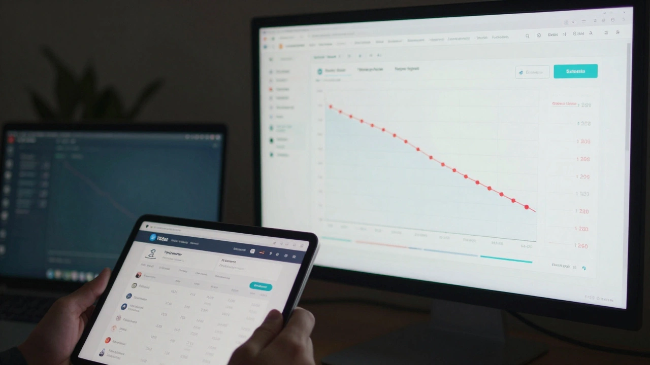 Desktop monitor displaying Telegram analytics graphs with declining engagement