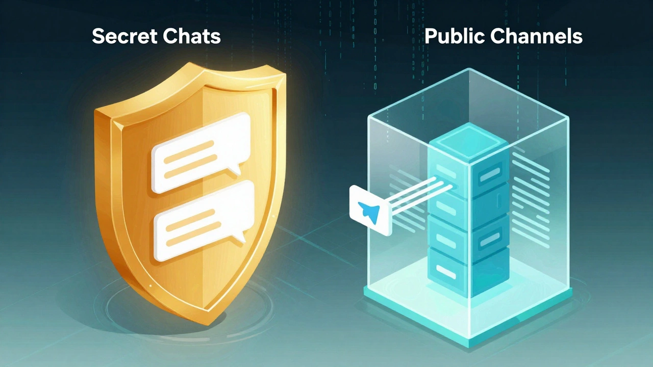 Digital art contrasting encrypted secret chats with accessible public channels.