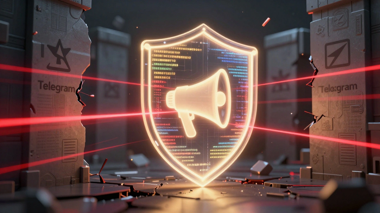 Digital art showing a shield protecting free speech from censorship barriers