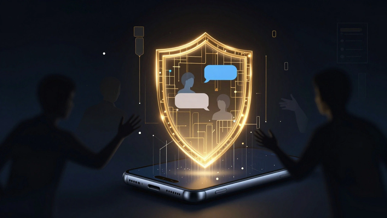 Digital art showing encrypted messages protected by a shield from shadowy threats.