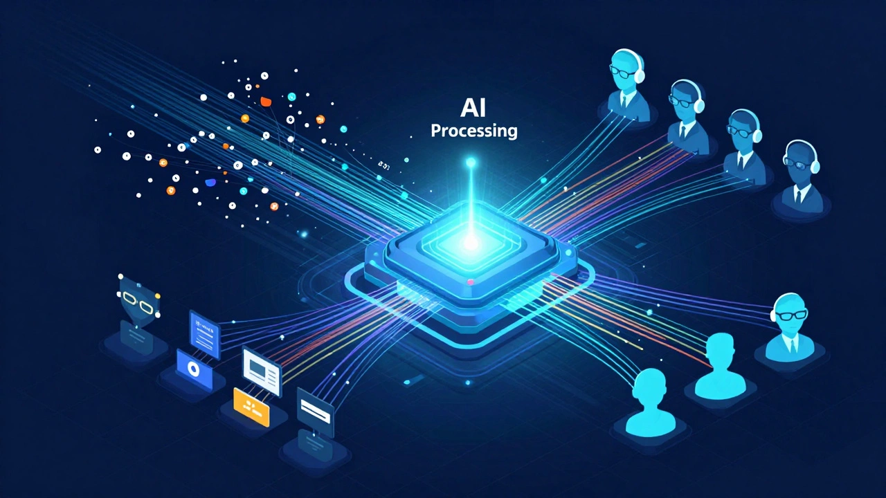 Digital illustration of an AI system filtering raw news data into personalized user feeds.