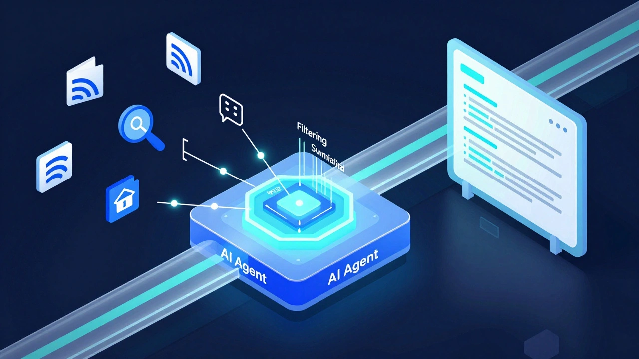 Digital illustration of an automated data pipeline for news aggregation
