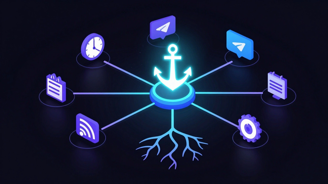 Digital illustration of automated Telegram news workflow and threading structure