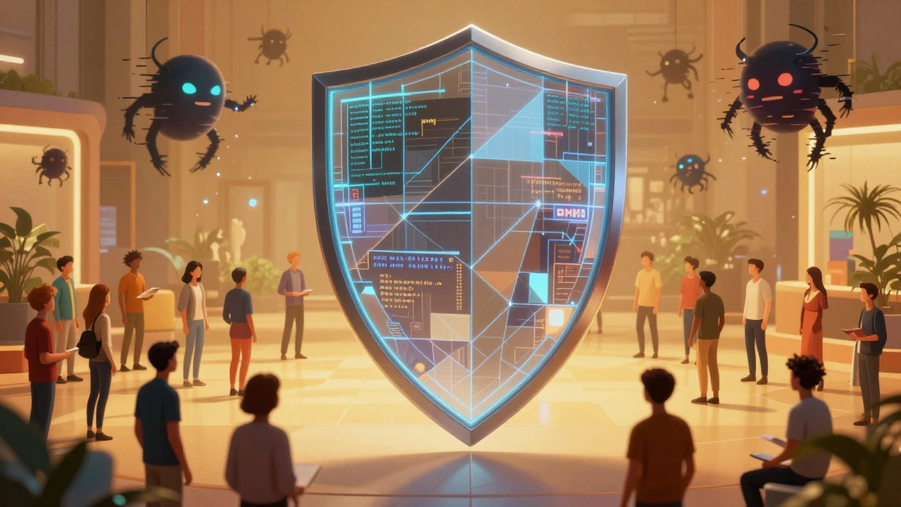 Digital shield protecting a community chat from spam and malicious bots.