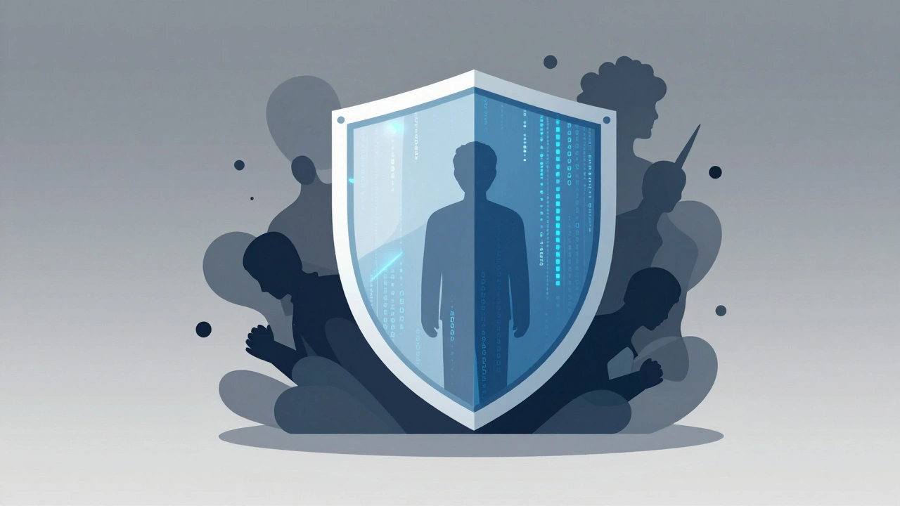 Digital shield protecting a reporter silhouette from dark, abstract threats.