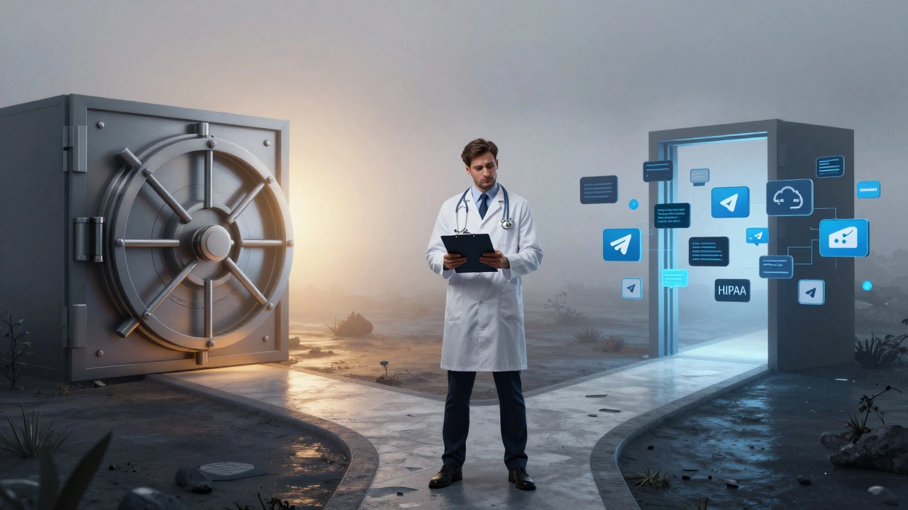 Doctor choosing between secure HIPAA platform and risky messaging app