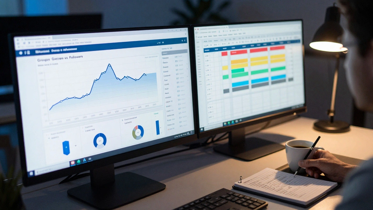 Editor analyzing Telegram analytics dashboards on computer screens in a dimly lit office.