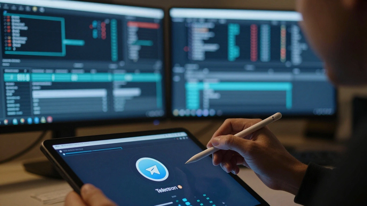 Editor reviewing verified profile on tablet with data screens in background