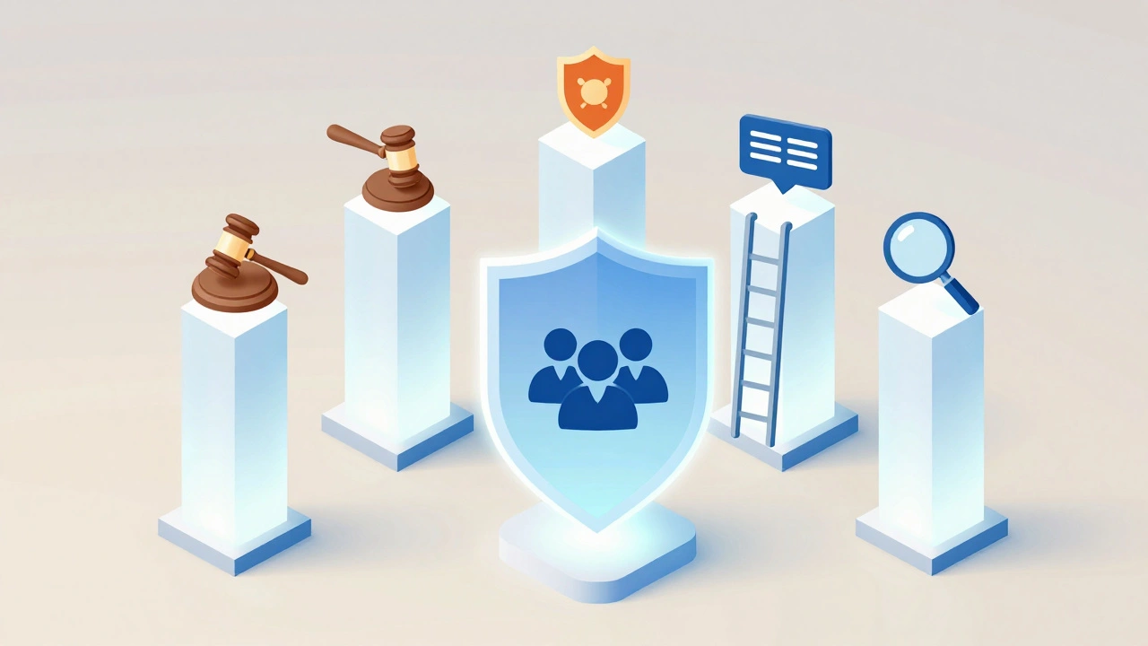 Five structural pillars forming a protective shield around a community icon, symbolizing moderation rules