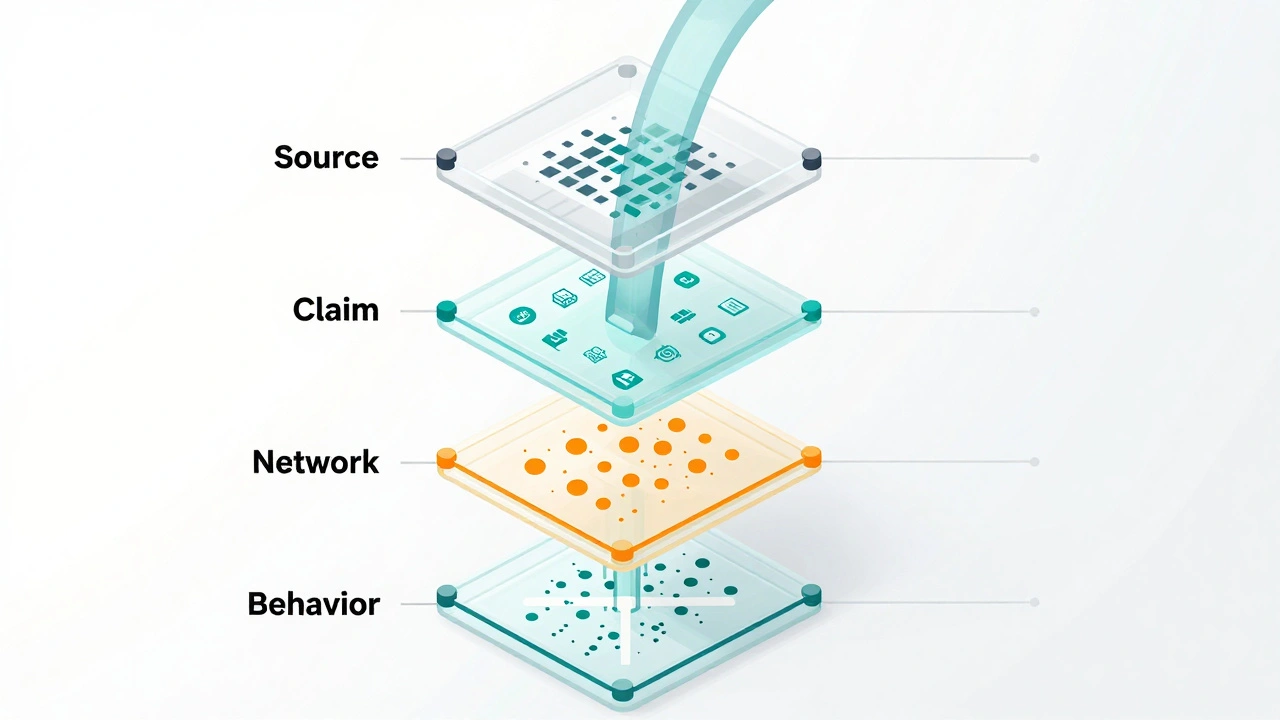 Four-layer filtration system diagram showing data being cleaned through source, claim, network, and behavior checks.