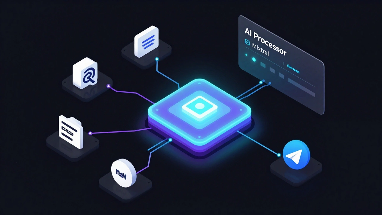 Futuristic diagram of an AI automation workflow connecting inputs to Telegram.