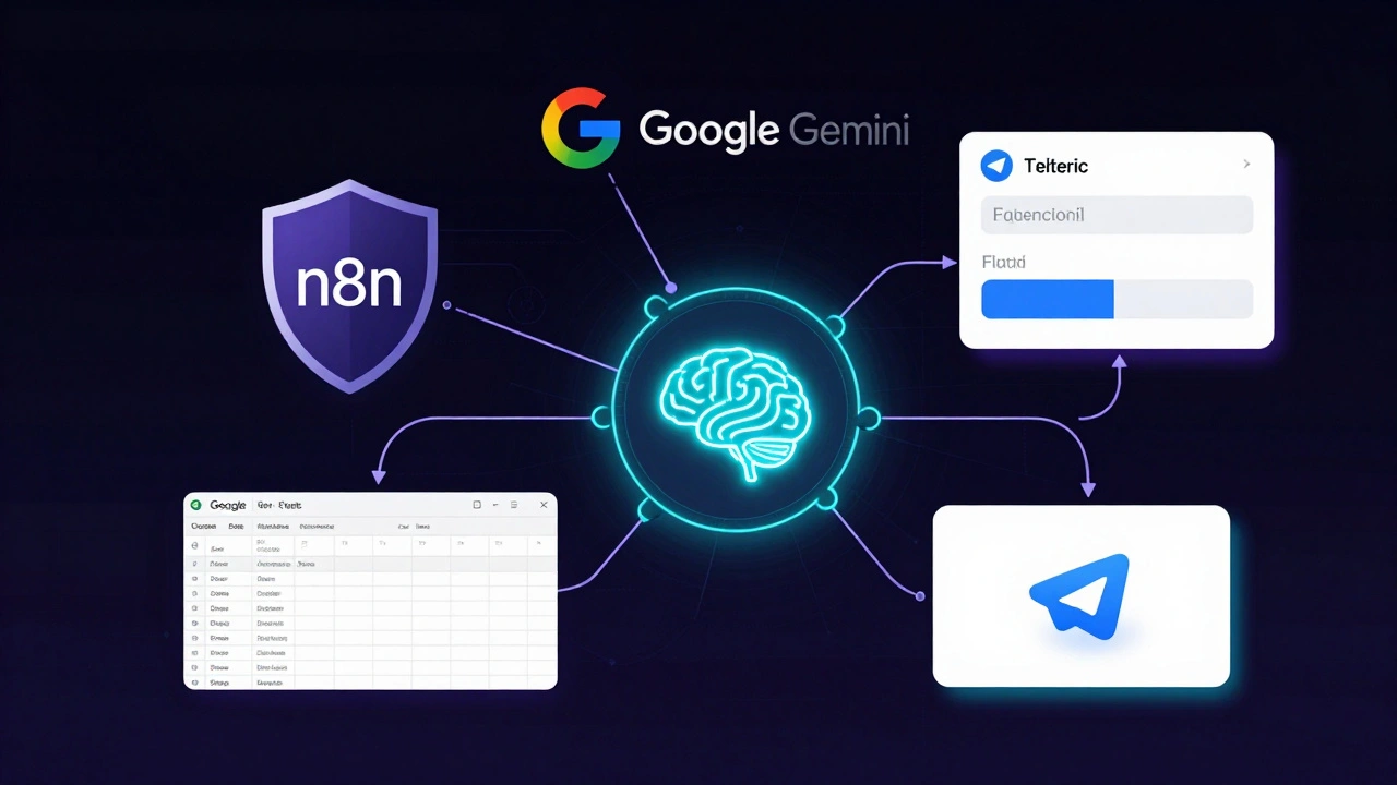 Futuristic network showing AI generating unique polls via n8n to Telegram