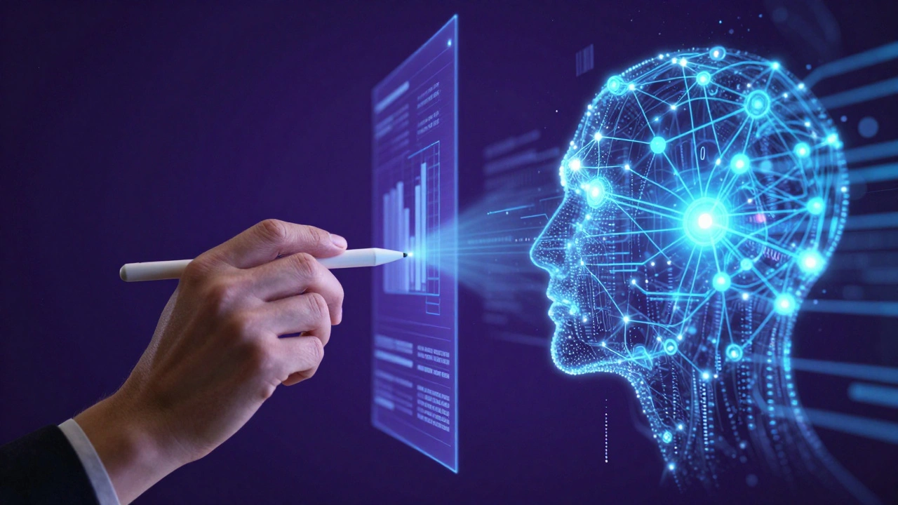 Futuristic visualization of human input merging with AI neural networks.