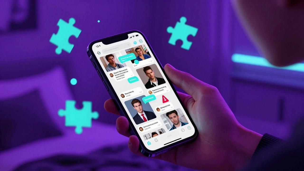 Gen Z user scrolling through memes and private chats in a neon-lit room.