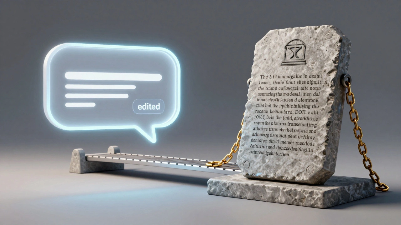 Glass chat bubble vs stone tablet showing fast vs permanent correction methods
