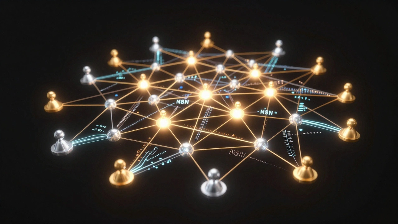 Glowing network nodes representing human contributors and automated news workflows.