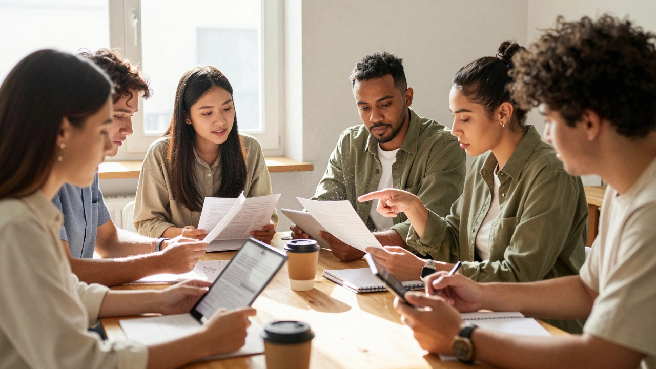 Group collaborating on fact-checking documents at a table