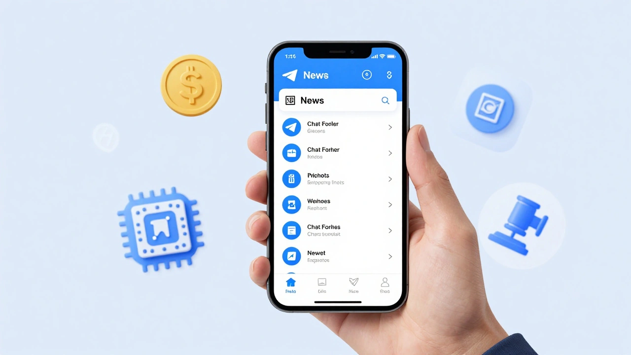 Hand holding phone displaying an organized Telegram News folder tab