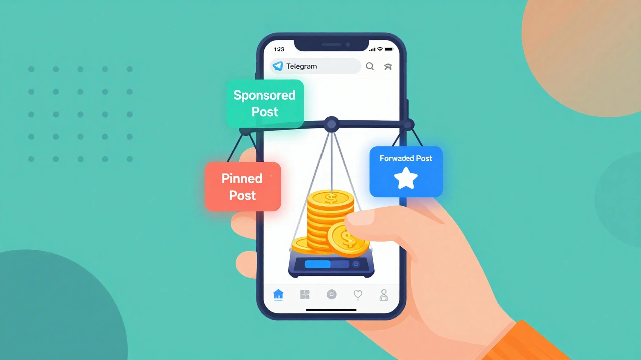 Hand weighing Telegram content formats against currency on phone