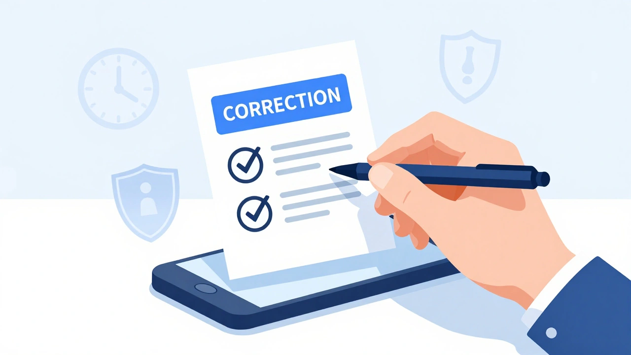 Hand writing a correction label on a digital doc, symbolizing transparency and accountability.