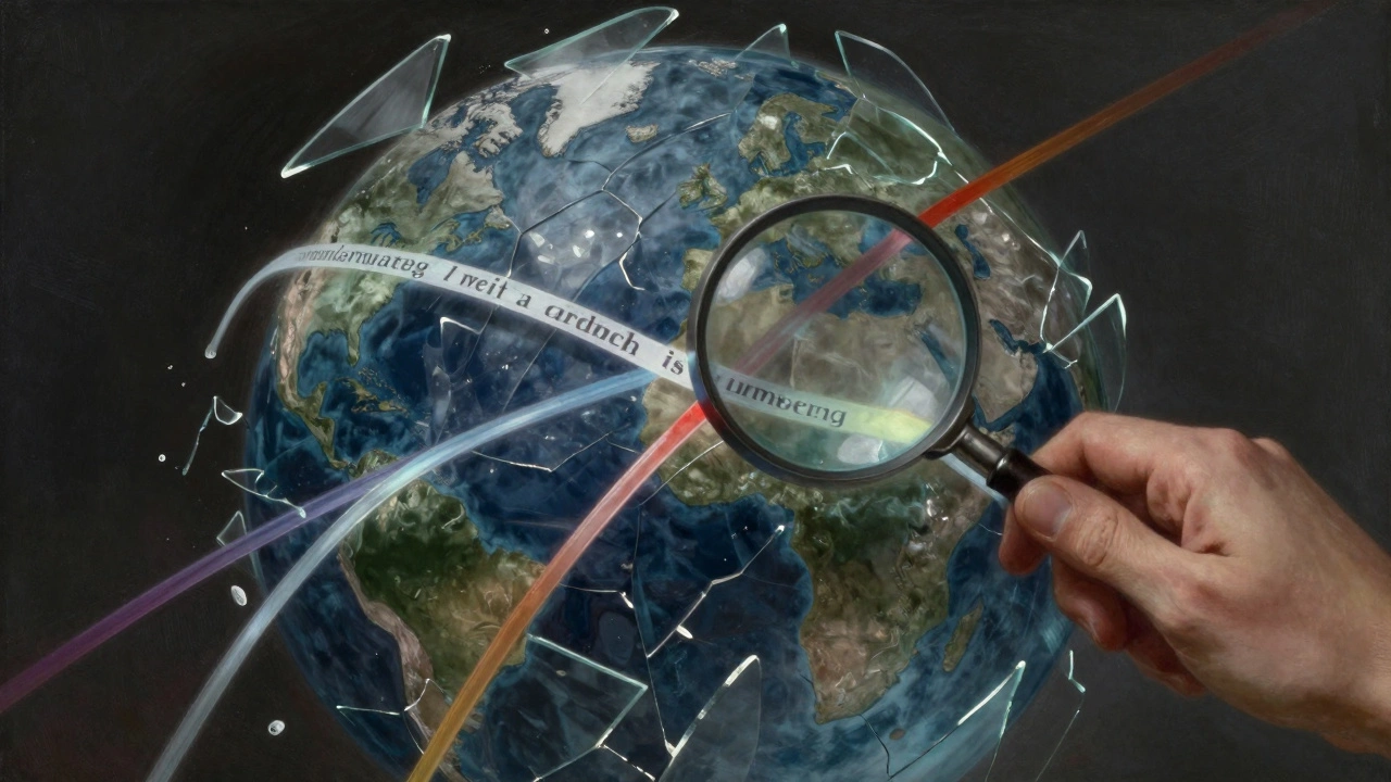 Hands holding a magnifying lens over fragmented global data streams, representing media verification.