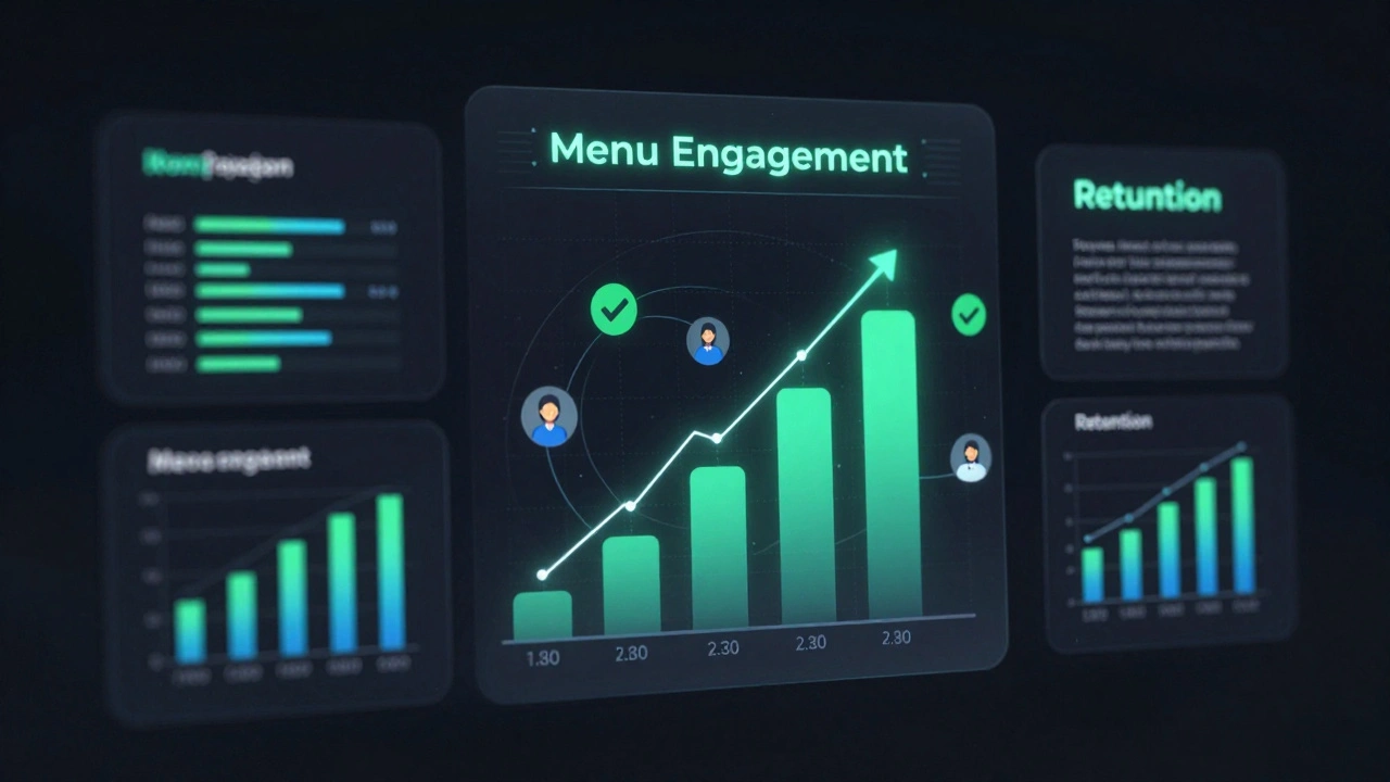 Holographic dashboard displaying rising engagement metrics and successful payment conversions.