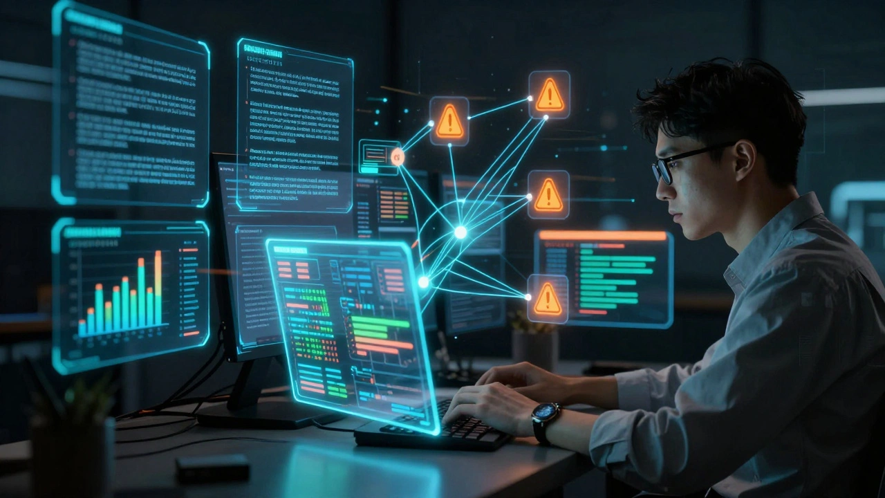 Holographic data visualization of AI analyzing message patterns to detect fake channels.