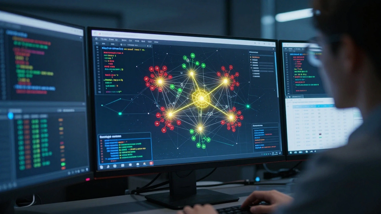 Holographic network graph highlighting bridge nodes connecting disinformation clusters in a cybersecurity analysis.