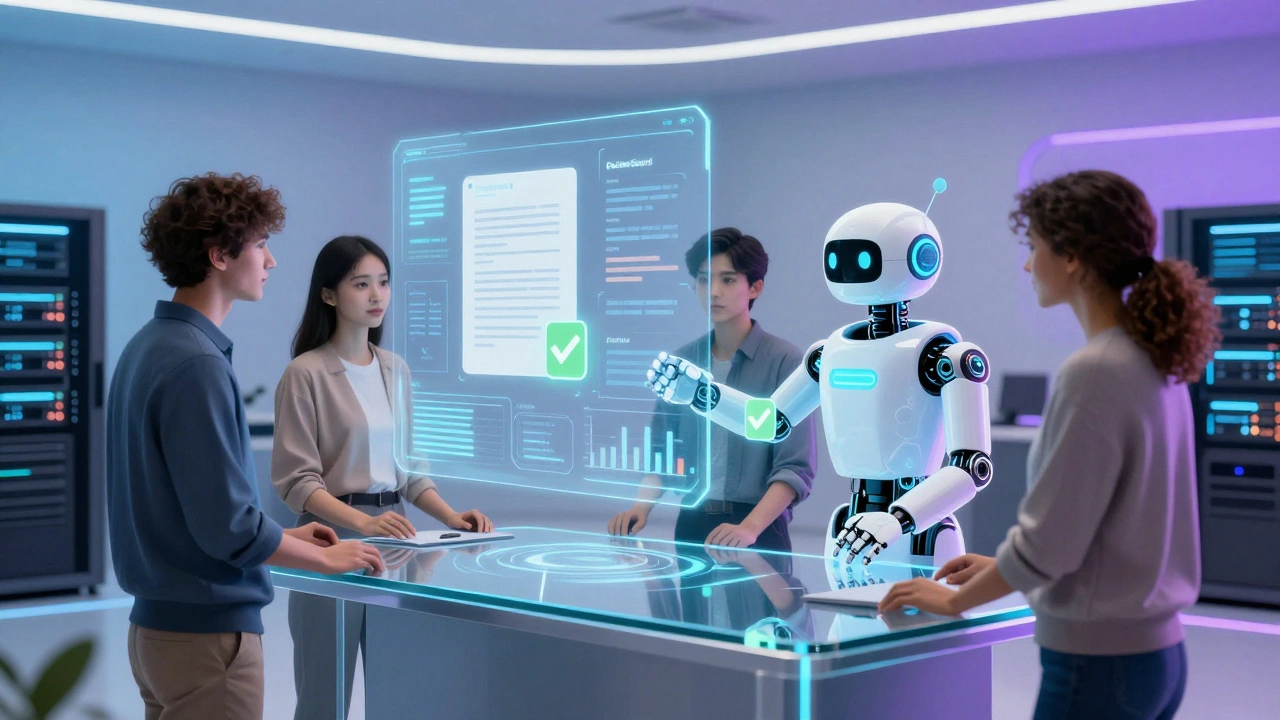 Human moderators and a helpful AI bot working together to curate a safe, organized digital community.