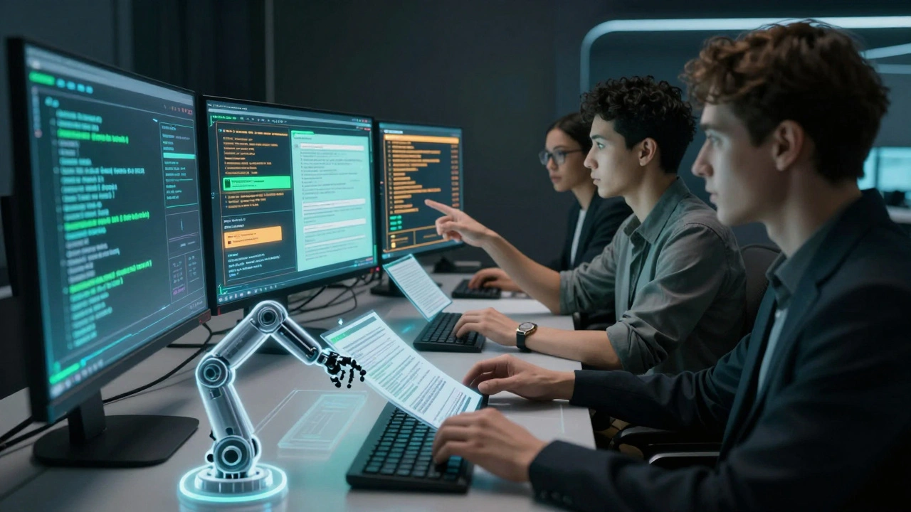 Human moderators working with automated tools in a high-tech control room