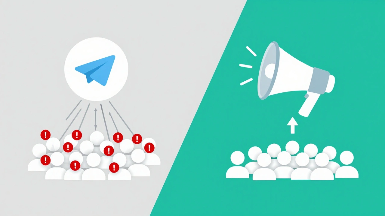 Illustration comparing direct bot messaging versus efficient channel broadcasting