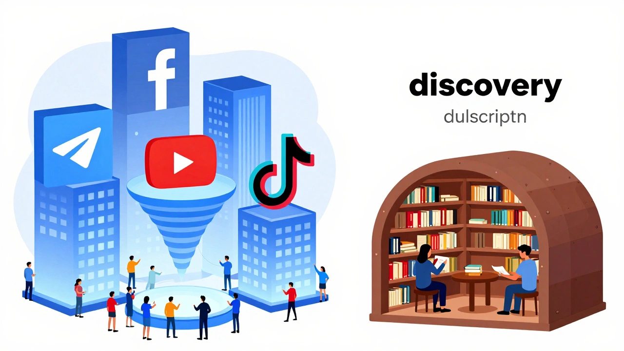 Illustration contrasting crowded algorithmic feeds with quiet manual subscription model