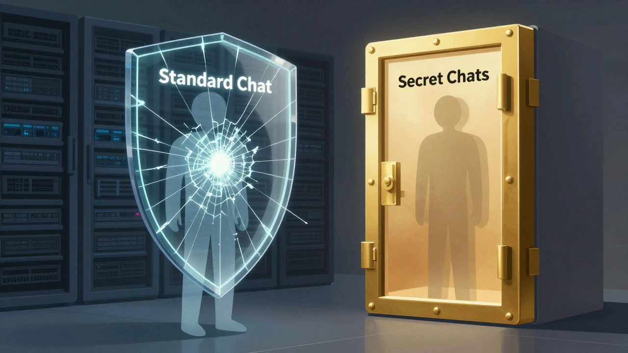 Illustration contrasting insecure standard chats with secure encrypted vaults
