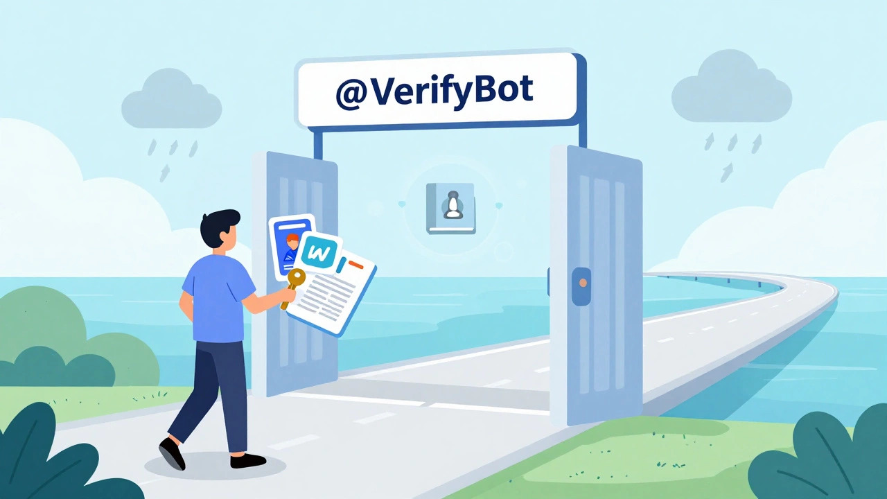 Illustration of a user submitting social media and press links to a verification bot gate.