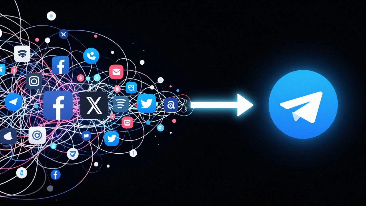 Illustration of users migrating from social feeds to Telegram