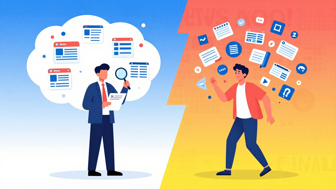 Illustration showing two people processing online news differently based on literacy skills.