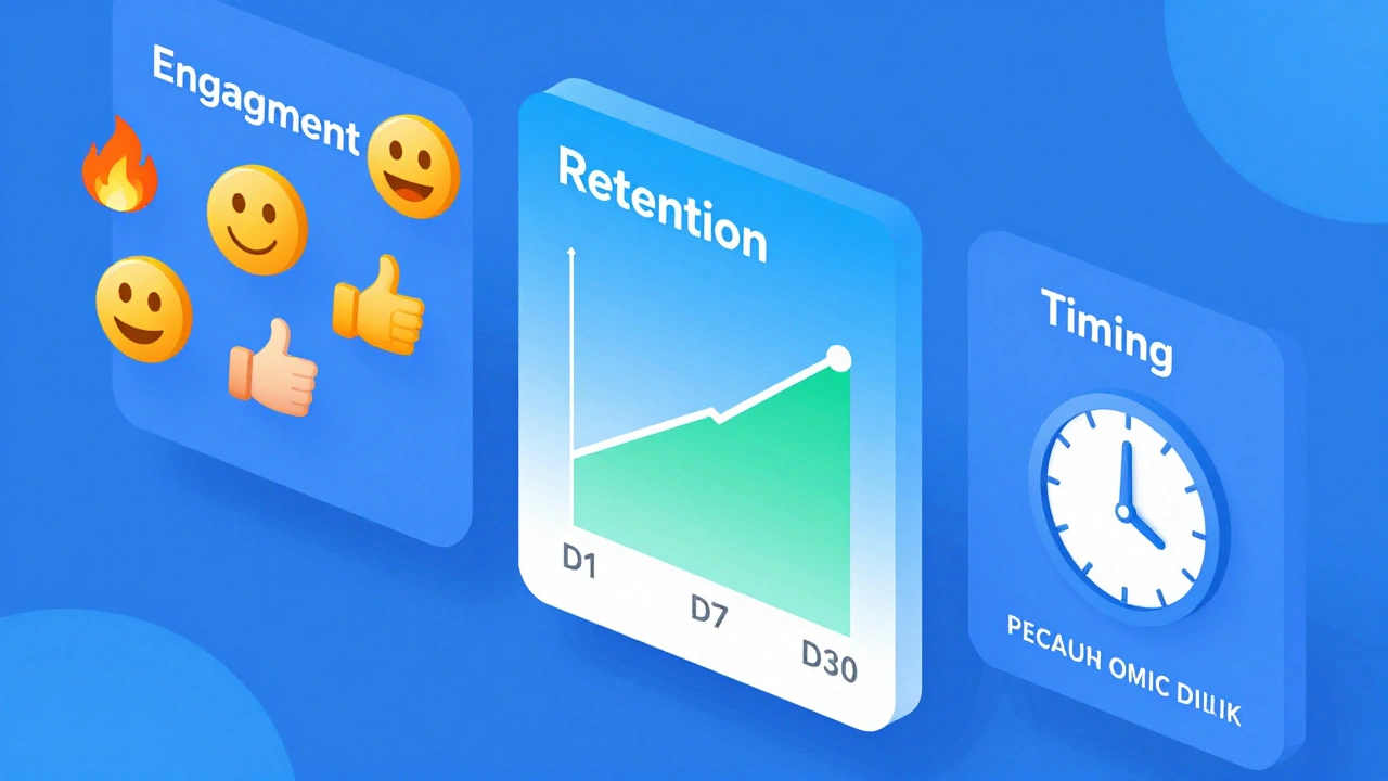 Isometric dashboard illustrating engagement, retention, and timing metrics