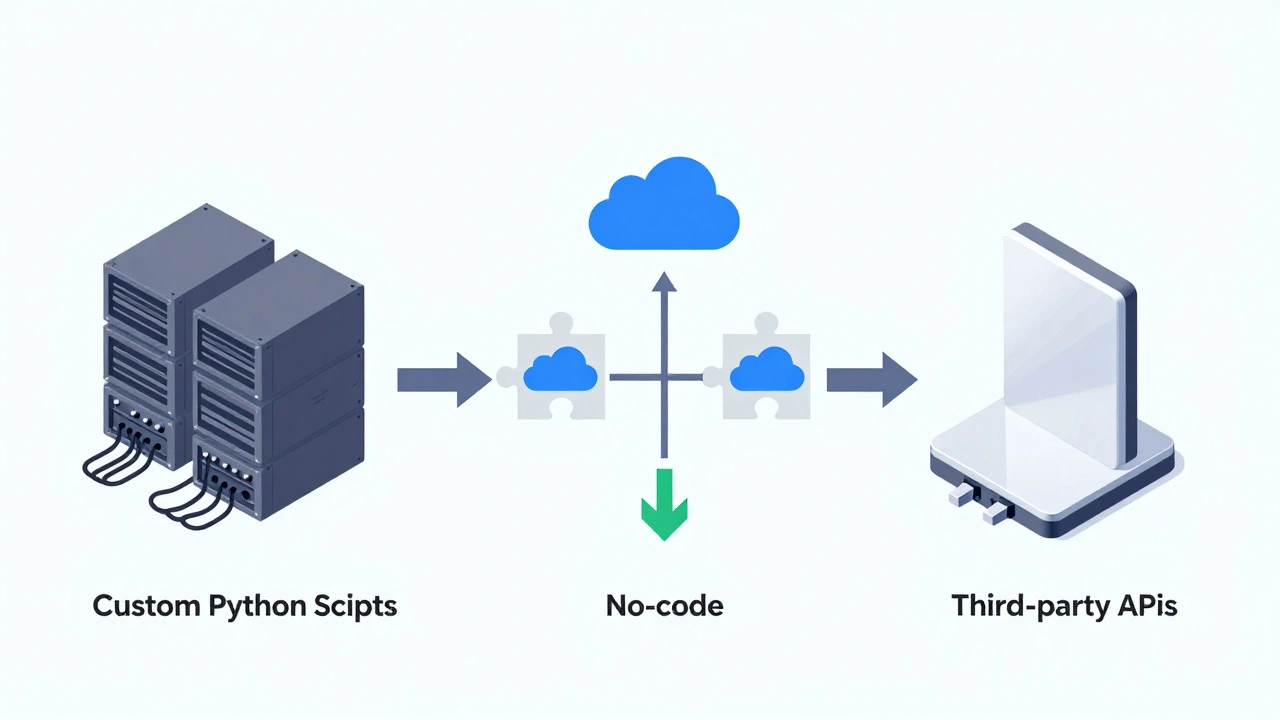 Isometric diagram comparing coding, no-code, and API setup methods