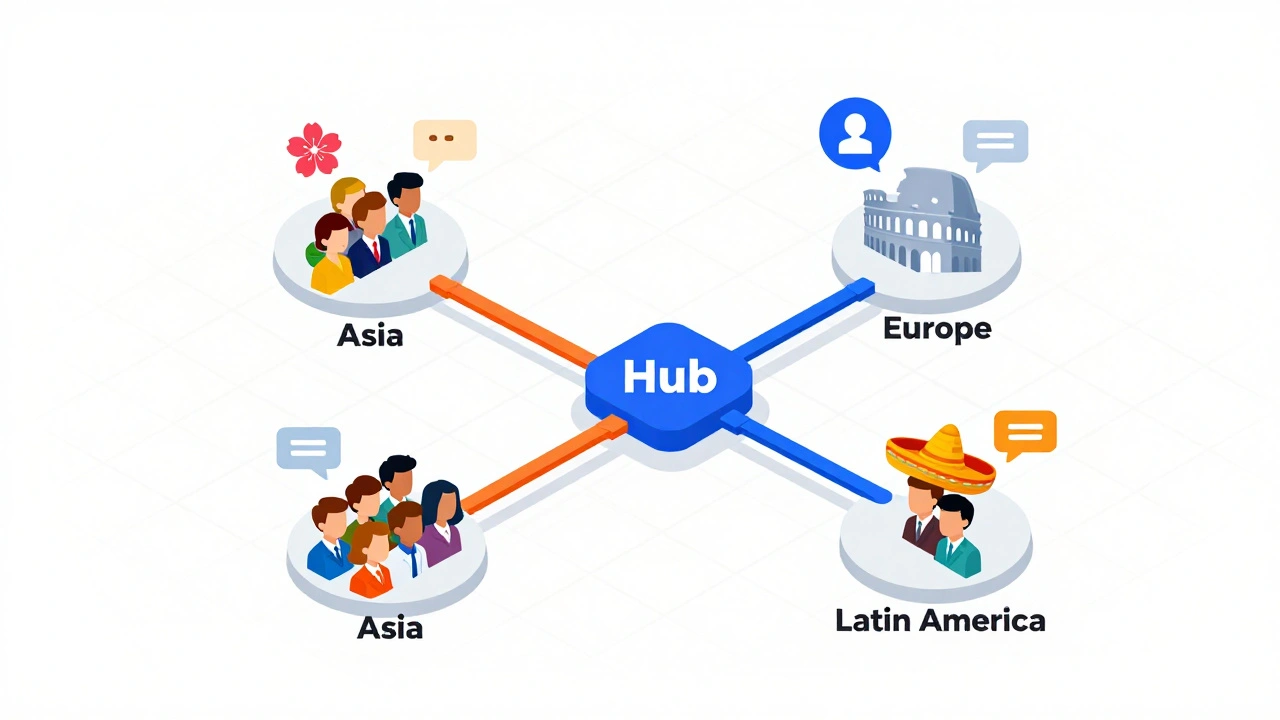 Isometric diagram of a central hub connecting to regional user groups via data streams.